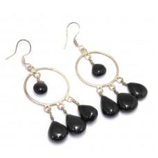 Dangle Earrings Black Onyx Gem Stone Women's Solid Silver 925 Handmade A662